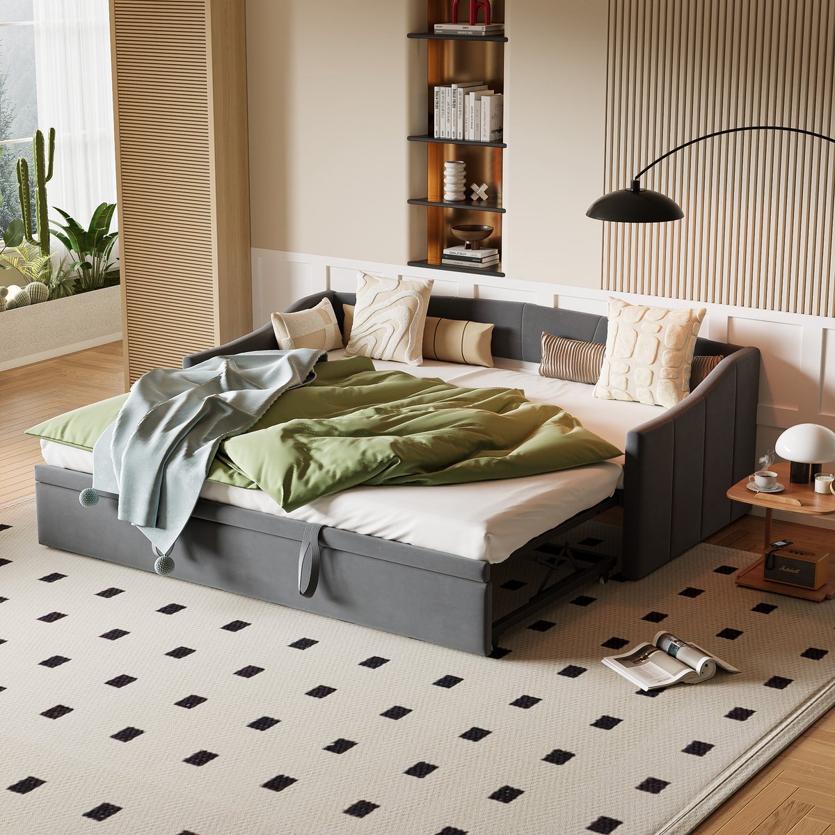 Gekapotteerde bankbed 90x190 cm - met opbergbed 90x190 cm - met USB- en Type-C-aansluitingen - met bekerhouder - Grijs (zonder matras