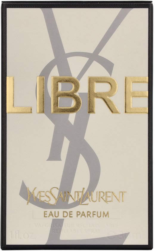 Doos YSL Libre Eau de Parfum damesparfum met gouden YSL-logo en tekst 'LIBRE'.