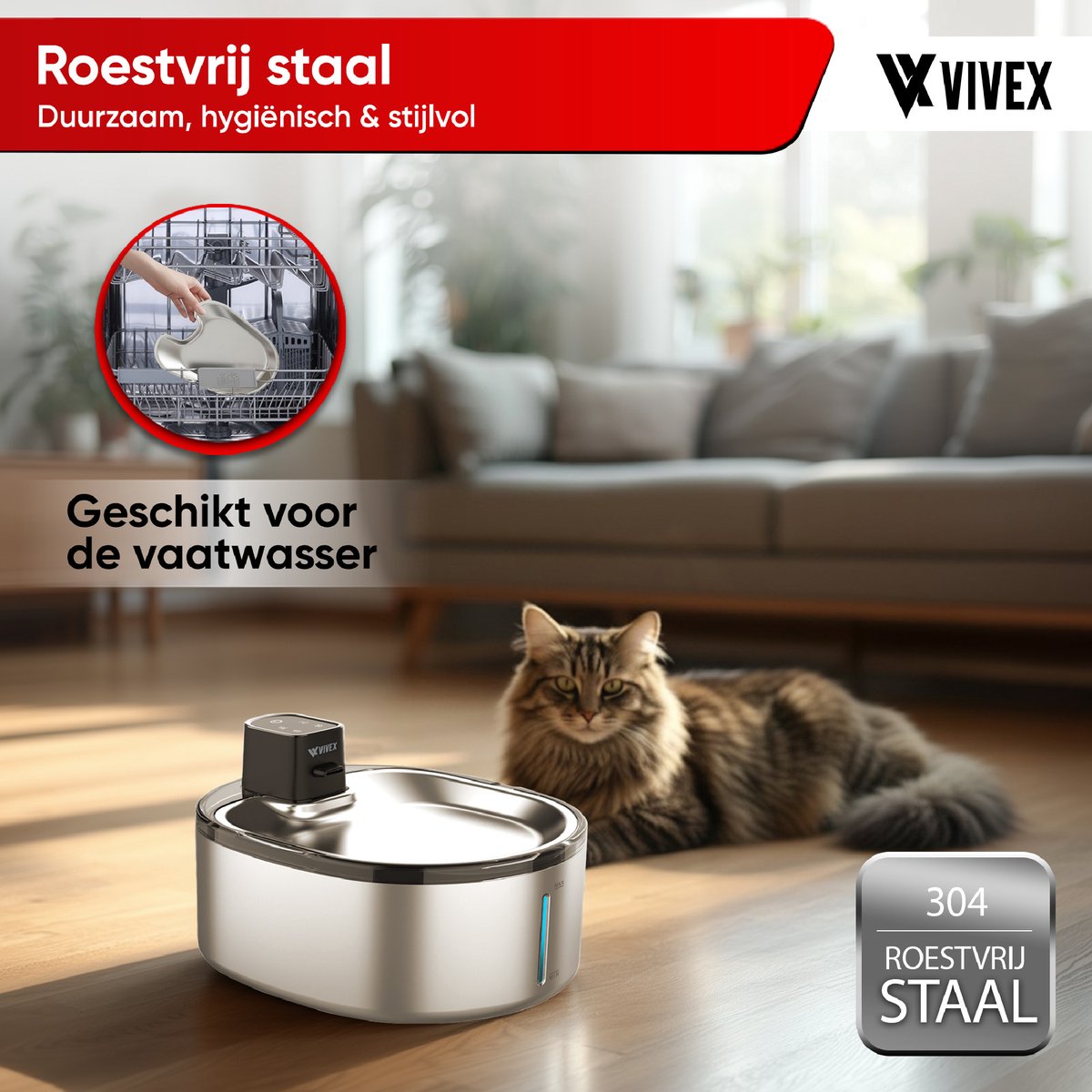Vivex® Draadloze Drinkfontein - RVS - 4,5 Liter - Waterfontein voor Katten en Honden - Met Sensor en Accu - Incl. 12 Filters en cleaning tool - Fluisterstil - Extra Filters thumbnail 6