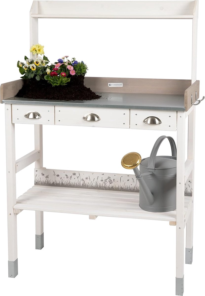 Grote plantentafel van hout met 3 laden - weerbestendige tuinwerktafel voor binnen en buiten, 85 x 45 x 130 cm, wit grijs