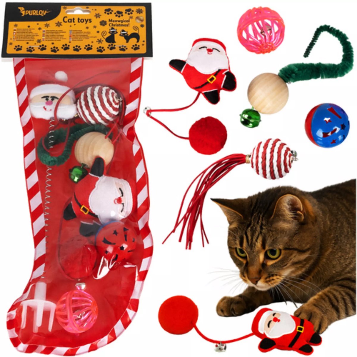 Purlov Kerst kattenspeelgoed set 6-delig met balletjes pompons en veertjes in kerstsok