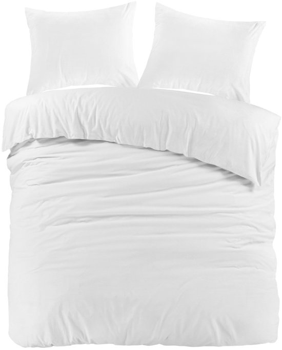 Dream Textile Housse de couette en flanelle de Luxe Uni Wit/ Blauw - Lit simple 240x200/220 cm + 2 Taies d'oreiller d'oreiller - Haute qualité - Super doux et merveilleusement chaud