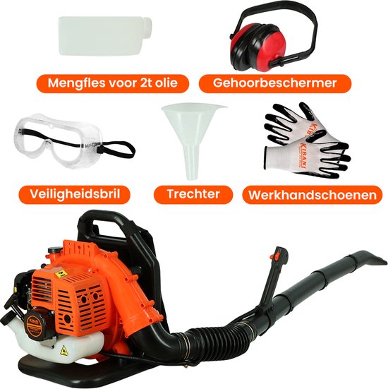 Kibani Benzine Bladblazer 42.7 cc / 1.7 pk incl. Accessoires - Luchtsnelheid 252 km/h - 1250W - Ruggedrager - Bladblazers - Gehoorbescherming - Werkhandschoenen - Veiligheidsbril