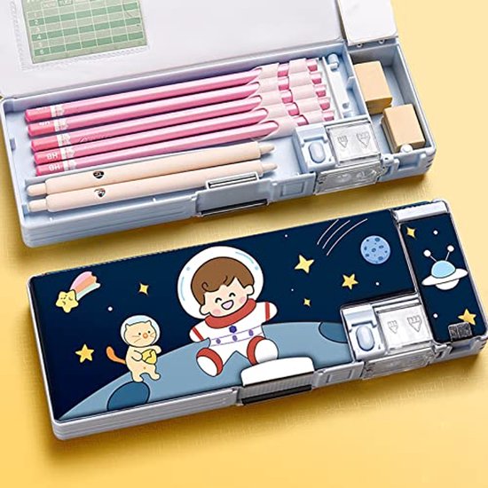 Large Pencil Case, Cartoon Multiple Slots Pencil Case Magnetic for Outing (Spaceman) — afbeelding 4