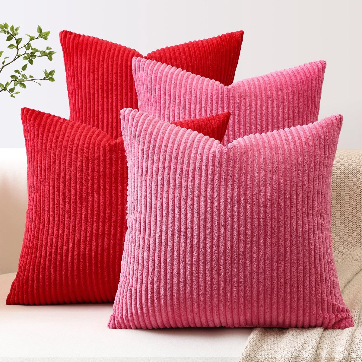 Azomor® Set van vier decoratieve kussenhoezen in rood en roze voor het interieur
