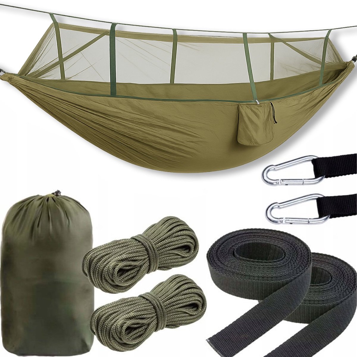 Kampeerhamak met muggennet - Groen, 120kg draagvermogen