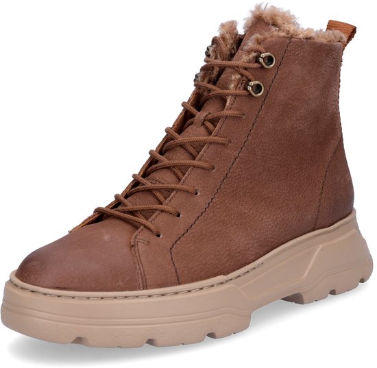 Bruine veterboot met bontkraag en ritssluiting. De dikke zool is beige.