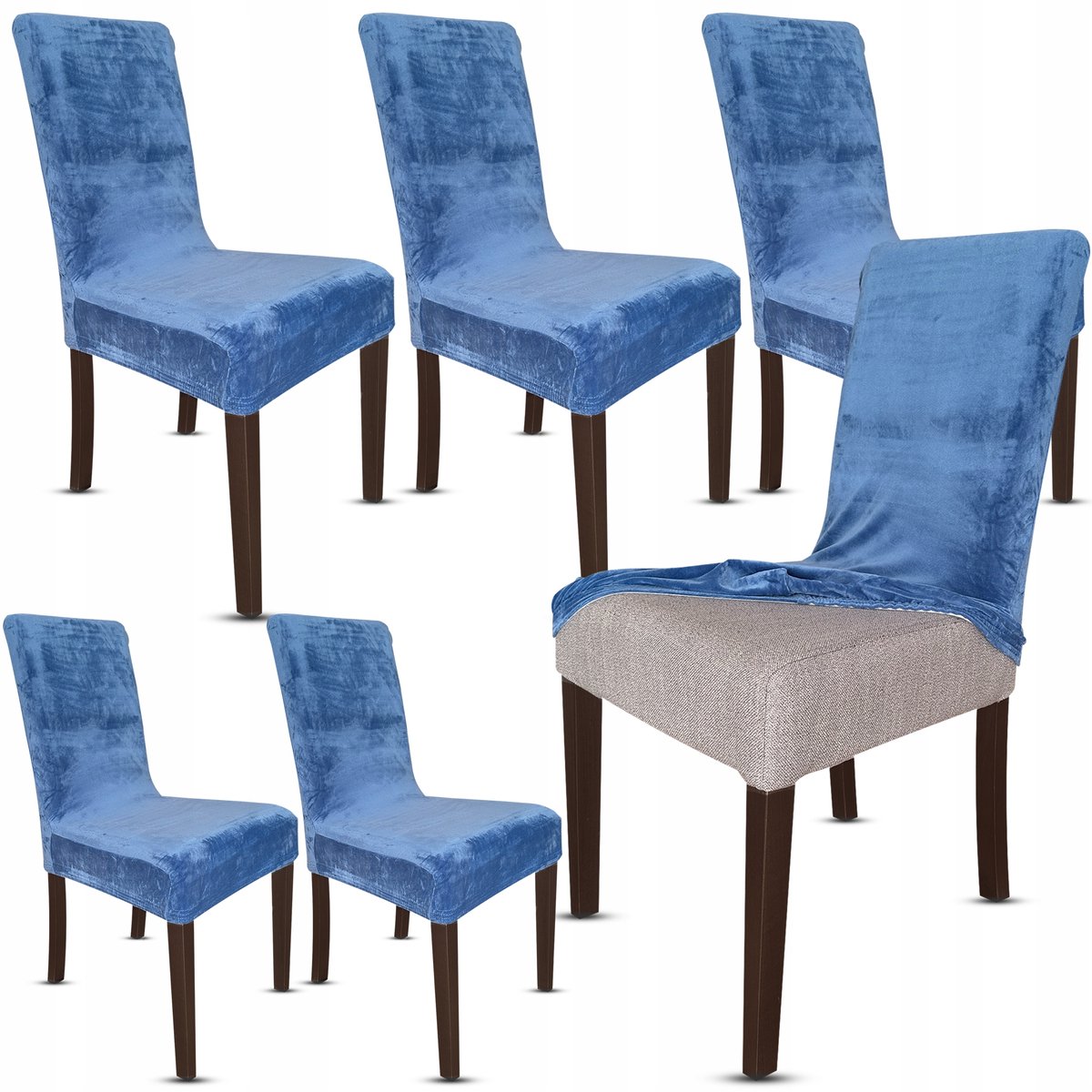 Set van 6 Blauwe Velours Universele Stoelhoezen