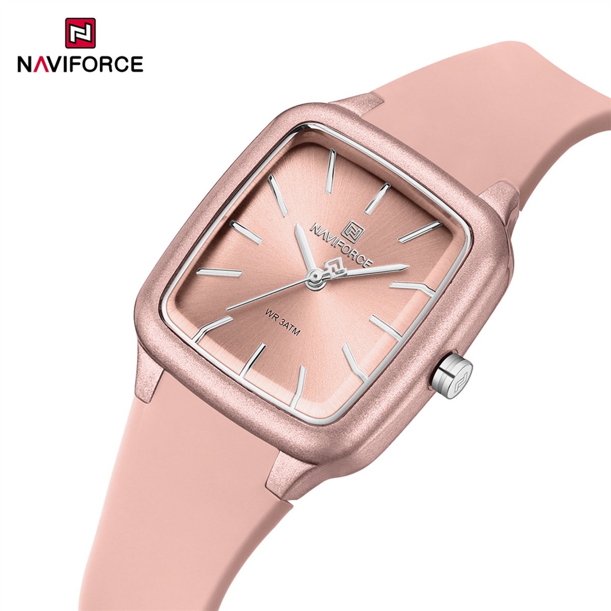 NAVIFORCE horloge met roze gefumeerde siliconen polsband, roze wijzerplaat, roze horlogekast en gouden wijzers voor dames met stijl ( model 5055 PP )