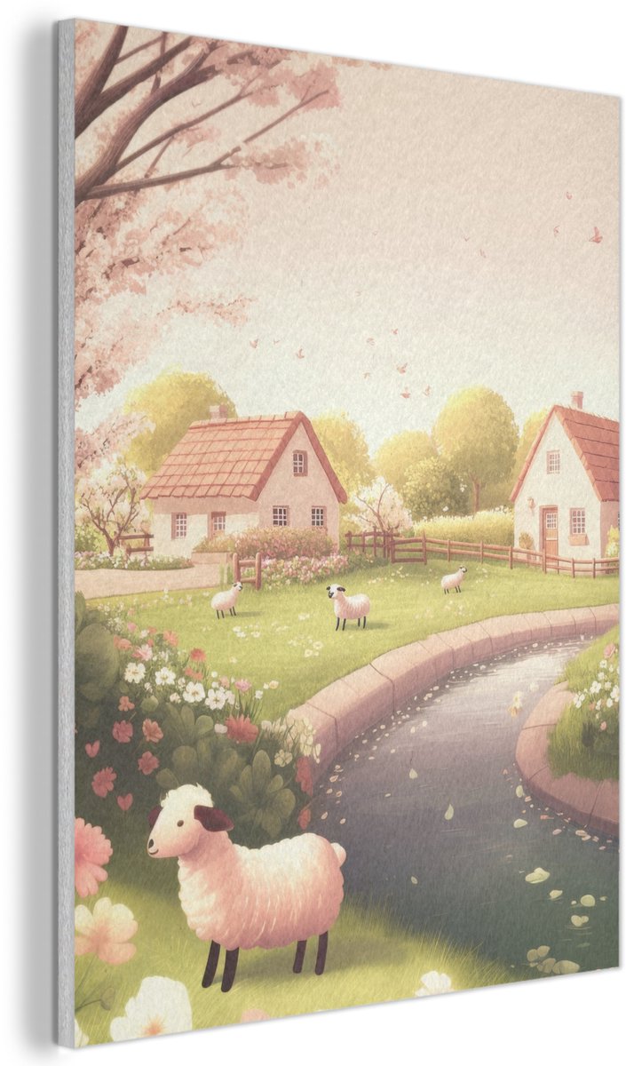 Akoestisch wandpaneel 60x80 cm - Vilt schilderij Schapen - Huisje - Platteland - Akoestische panelen - Geluidsdempende wanddecoratie - Geluidsisolatie woonkamer - Muurdecoratie geluidspanelen