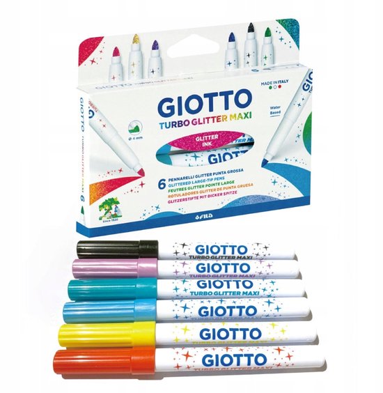 Giotto Turbo Glitter Maxi stiften in een doos van 6, met extra losse stiften.