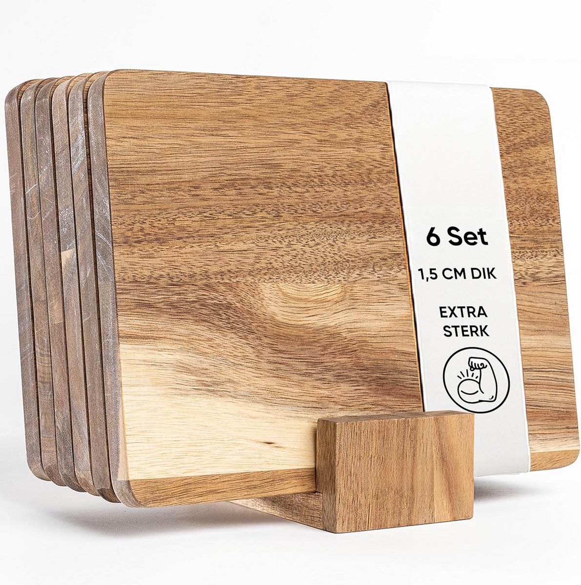PromoHome Houten Snijplanken Set van 6 met Opbergrek - Keukenaccessoires