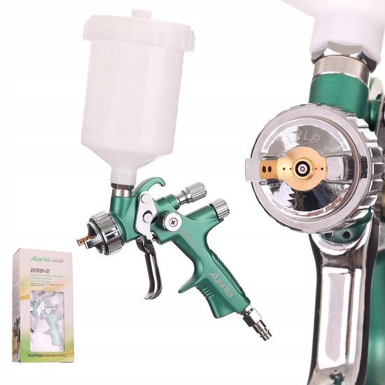 Groene Auarita verfspuit met witte tank en detail van de doos.