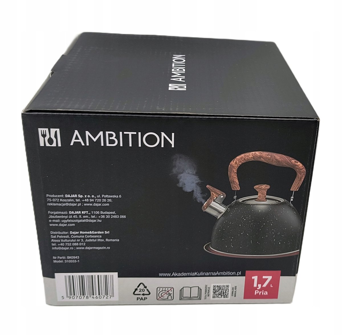 Ambition Pria Steel Waterkoker 1,7L Zwart met Fluitje
