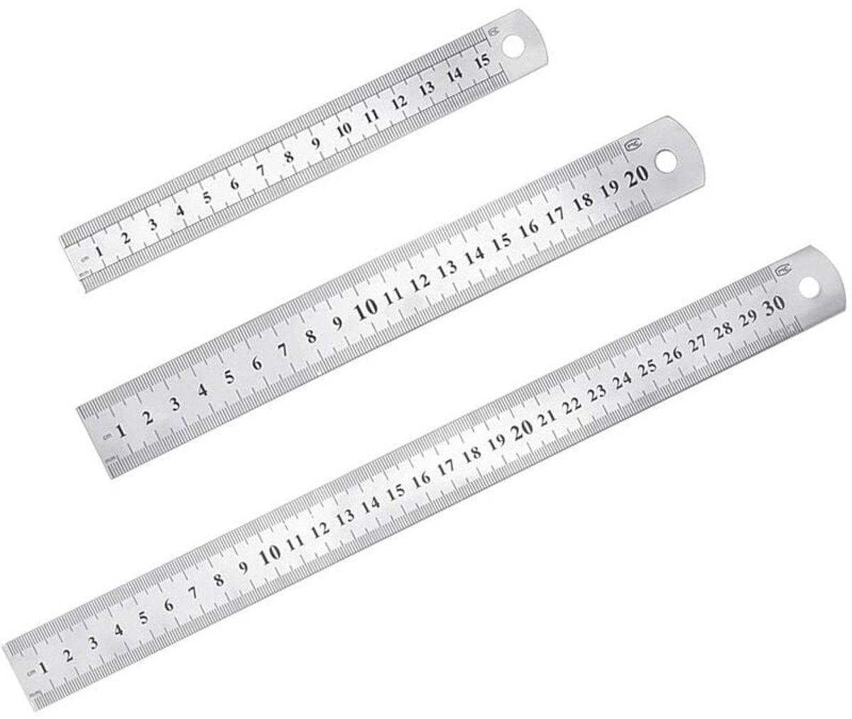 Set van 3 precisieliniaal van roestvrij staal- metalen rechte liniaalset- 15 cm (6")- 20 cm (8")- 30 cm (12")- zilveren liniaal van roestvrij staal