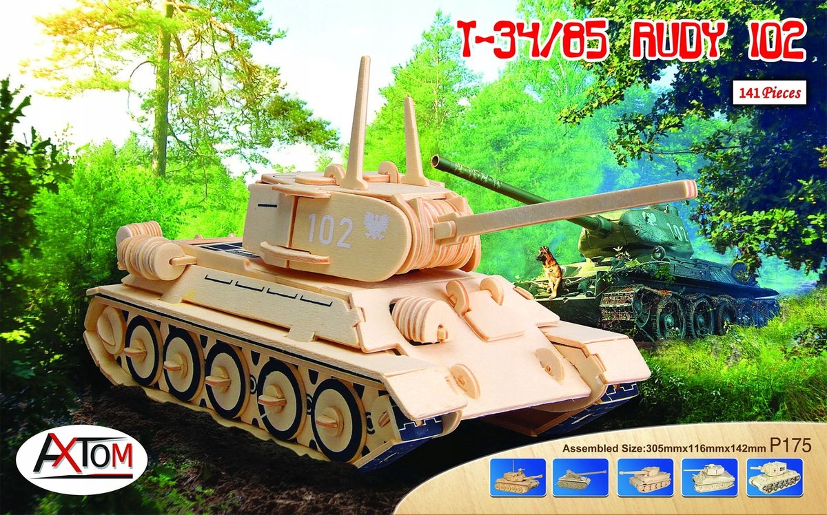 Houten 3D Puzzel Tank T-34 Rudy 102 - Bouwpakket