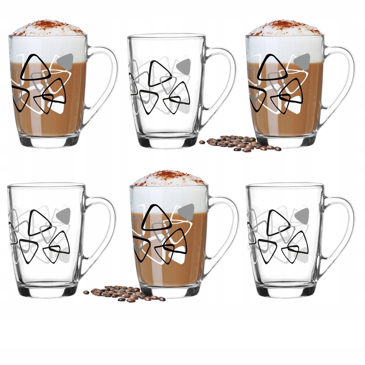 Set van 6 glazen mokken met oor, 300ml, geometrisch design