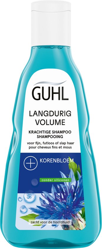 Blauwe fles Guhl shampoo met tekst "LANGDURIG VOLUME" en een afbeelding van korenbloemen.
