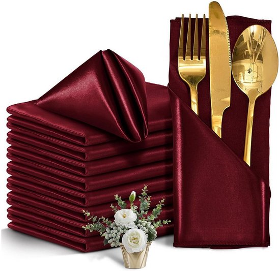 10 stuks stoffen servetten, luxe vierkante servetten, satijnen serveertafeldecoratie, dinerhanddoek voor bruiloft, feest, thuis, hotel, kerstdecoratie (bordeauxrood, 48x48cm)