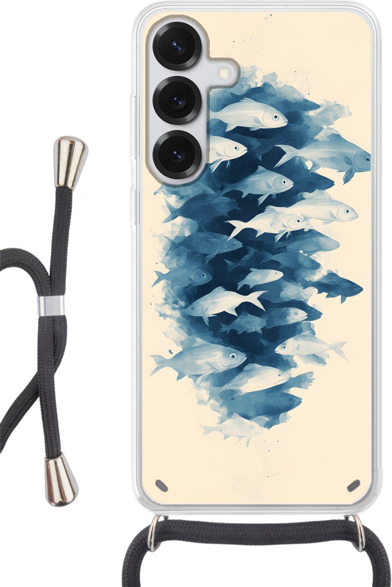 Telefoonhoesje Geschikt voor Samsung Galaxy S25 - Vissen - Minimalistisch - Blauw - Siliconen - Crossbody - Backcover met Koord - Telefoonhoesje met koord - Hoesje met touw Telefoonhoesje