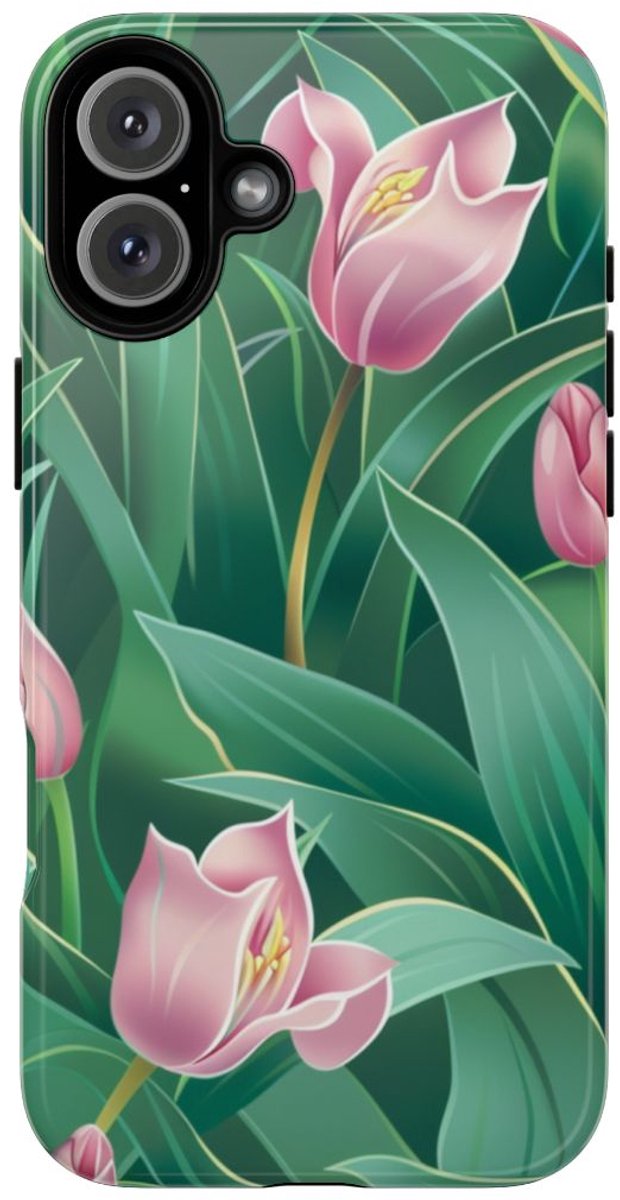 Roze Tulp Bloemenpatroon – Telefoonhoesje Geschikt voor iPhone 16 Plus