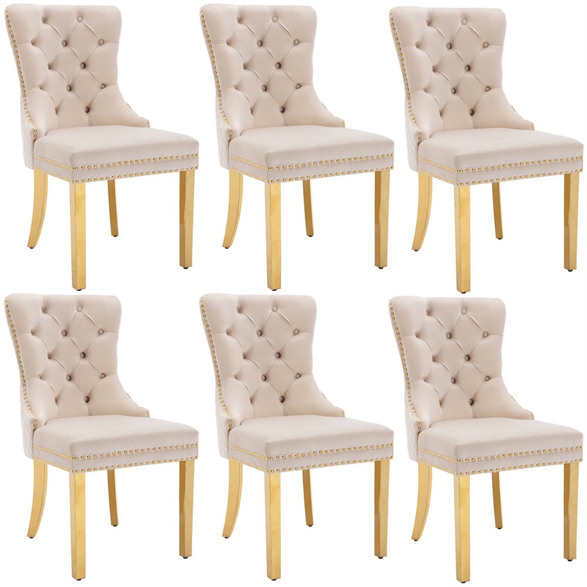 YEHTOKHOME Set van 6 Fluwelen eetkamerstoelen, Keukenstoel woonkamerstoel met deurklopper, Gestoffeerde stoel met klinknagels, Eetkamerstoel in vintage stijl, Gouden metalen poten, Beige, b 51 x d 65.5 x h 95 cm