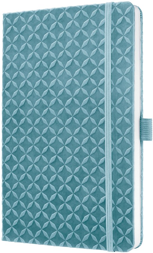 Blauw notitieboek met geometrisch reliëfpatroon, elastische band en bladwijzer.