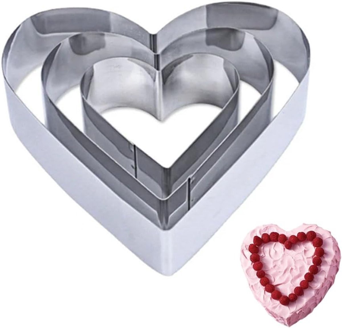 S&Dshopline® 3 stuks bakvormen hart bakvorm - 10/15/20 cm hartvormige bakvormset, taartring, cakevorm roestvrij staal voor taartdecoratie, koekjes, bakaccessoires, gelaagde cake, vakantie, feest