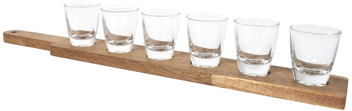 Cook Concept Shotglazen - 6 stuks - met houten houder - 30 ml - 8 cm per glas - 45 x 6 cm - serveerblad/dienblad