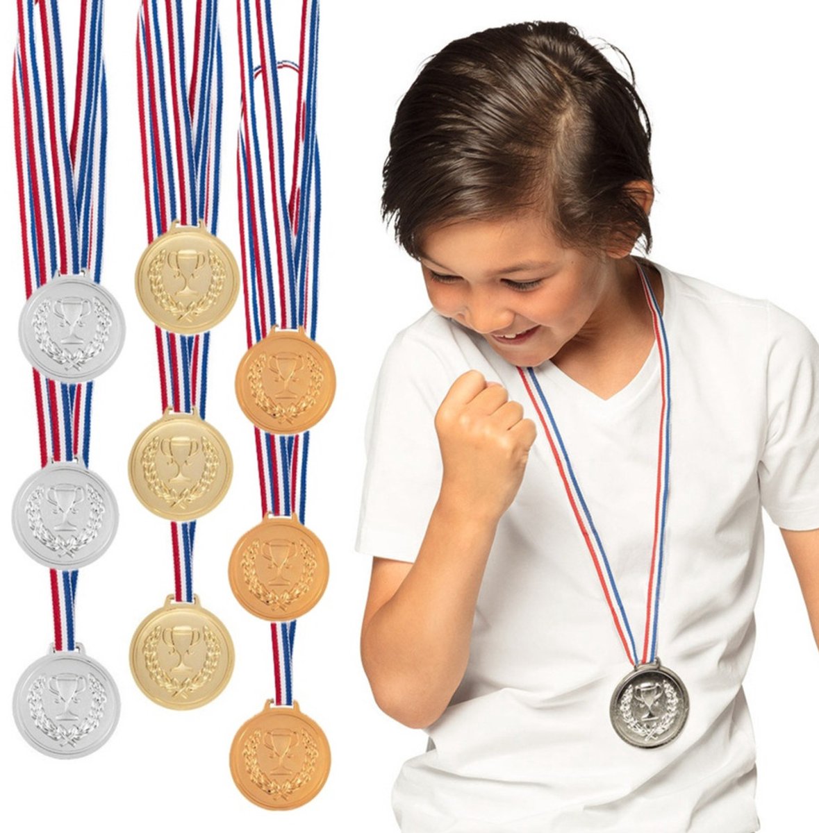 Boland Verkleed medailles met lint - Winnaar - 9x stuks - goud/zilver/brons - kunststof - 6 cm - speelgoed