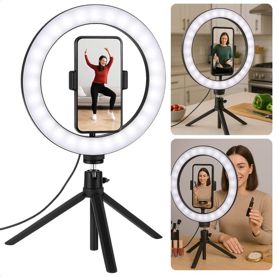 Cheqo® Selfie Ringlamp - LED Ringlamp - Flexibele Telefoonhouder - Dimbare LED-Verlichting - Drie Lichtmodi - USB-Aansluiting - Make-Up Verlichting - Video-Opnames - Livestreams - Fotografie Verlichting - Stabiel Statief