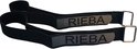 Twee zwarte broekklemmen met gespen en een reflecterend logo met 'RIEBA'.