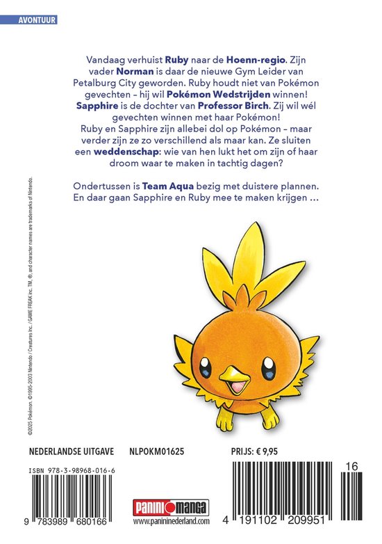 Achterkant Pokémon manga deel 16. Met Poussifeu en tekst over het verhaal en de prijs.