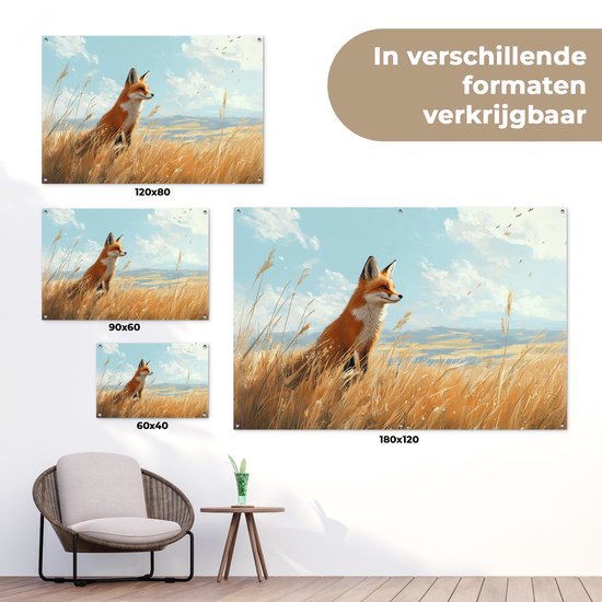 Affiche de jardin 120x80 cm - Décoration de jardin Renard - Herbe - Nuages ​​- Oranje - Affiche pour le jardin - Décoration extérieure - Tableau de jardin clôture - Décoration murale en tissu de jardin - Décoration murale en tissu de balcon