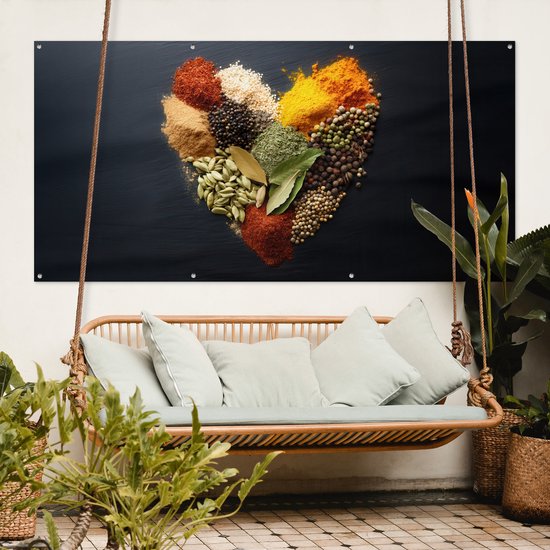 Affiche de jardin 200x100 cm - Décoration de jardin Épices - Mix - Forme de cœur - Zwart - Affiche pour le jardin - Décoration extérieure - Tableau de jardin clôture - Décoration murale sur toile de jardin - Décoration murale sur toile de balcon