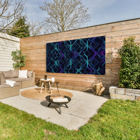 Poster de jardin 200x100 cm - Décoration de jardin Gaming - Formes de losanges - Abstrait - Néon - Violet - Poster pour le jardin - Décoration extérieure - Palissade tableau de jardin - Toile de jardin décoration murale - Décoration de balcon