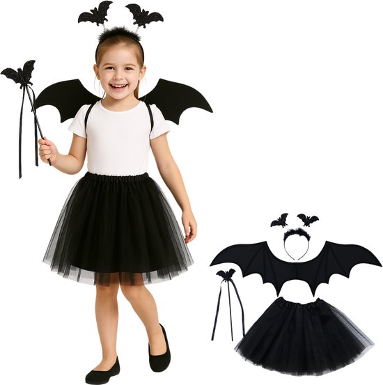 Joyakids® | Kinder Verkleedset Vleermuis | 4-delige Halloween Accessoireset Meisje | Vleugels + Tutu + Haarband + Stafje | Vleermuis Kostuum Meisjes | Vampier Bat Accessoires | Zwart