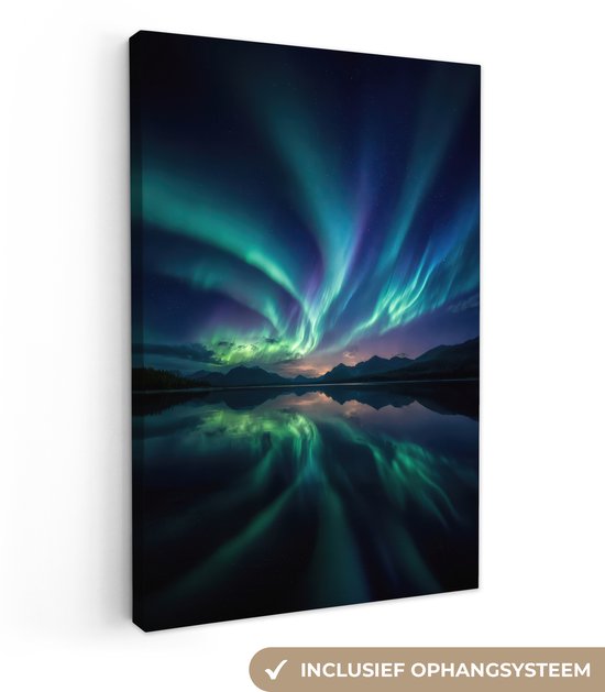 Canvas van een kleurrijk noorderlicht boven een bergmeer, met een perfecte reflectie in het water.