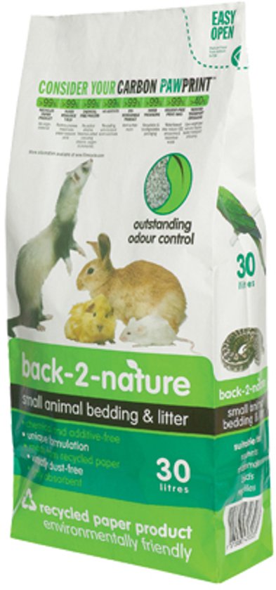 Zak kattenbakvulling van 30 liter met een fret, konijn en muizen erop.