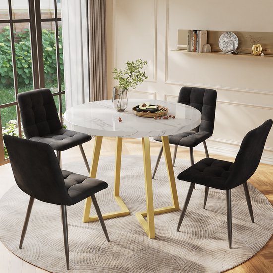 DORAFAIR Set met ronde keukentafel en 4 Scandinavische witte stoelen, voor keuken, eetkamer, kantoor