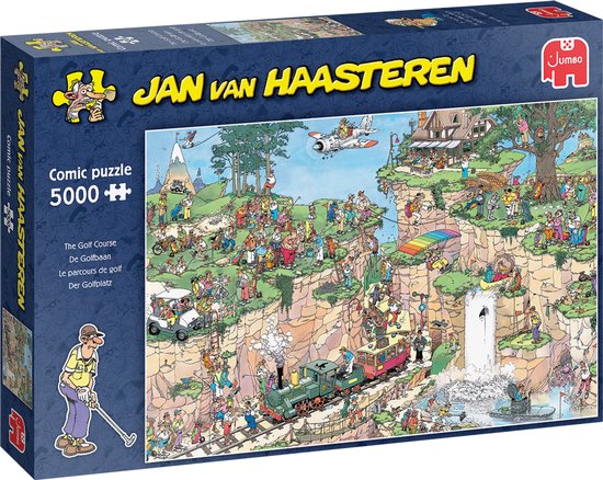 Doos Jan van Haasteren legpuzzel 'De Golfbaan' met 5000 stukjes, met veel humoristische figuren en golfgerelateerde elementen.