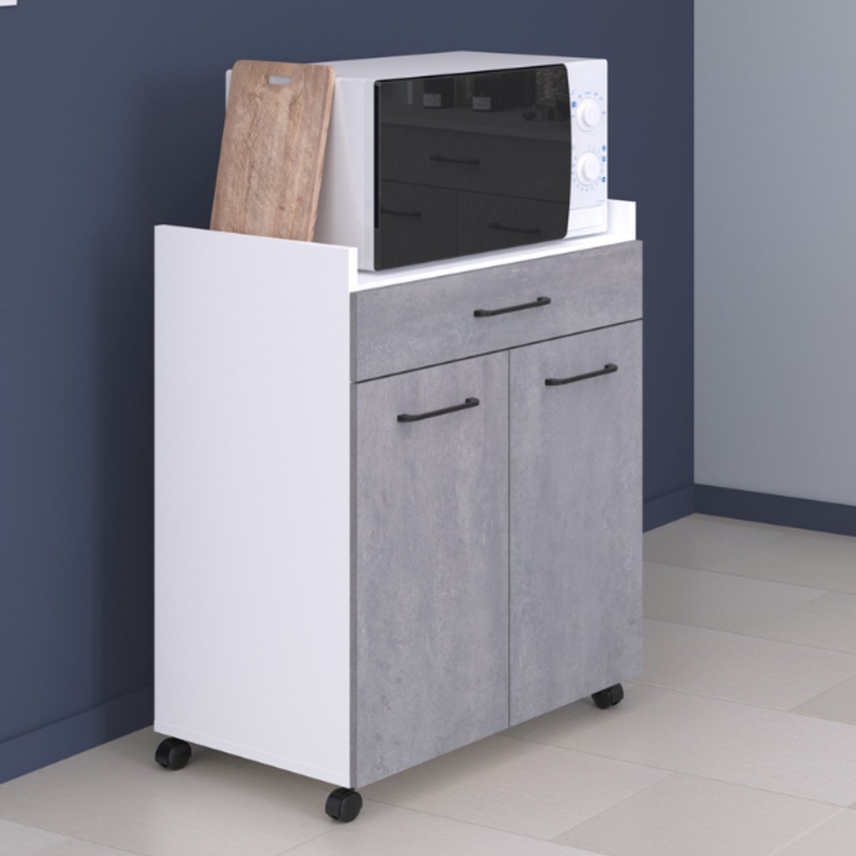 Keukenkastje Maleficent Met Wieltjes - 2 Deuren & 1 Lade - Beton - Parisot - Keuken Trolley - Wit; Grijs; Betonlook - Melamine; Spaanplaat