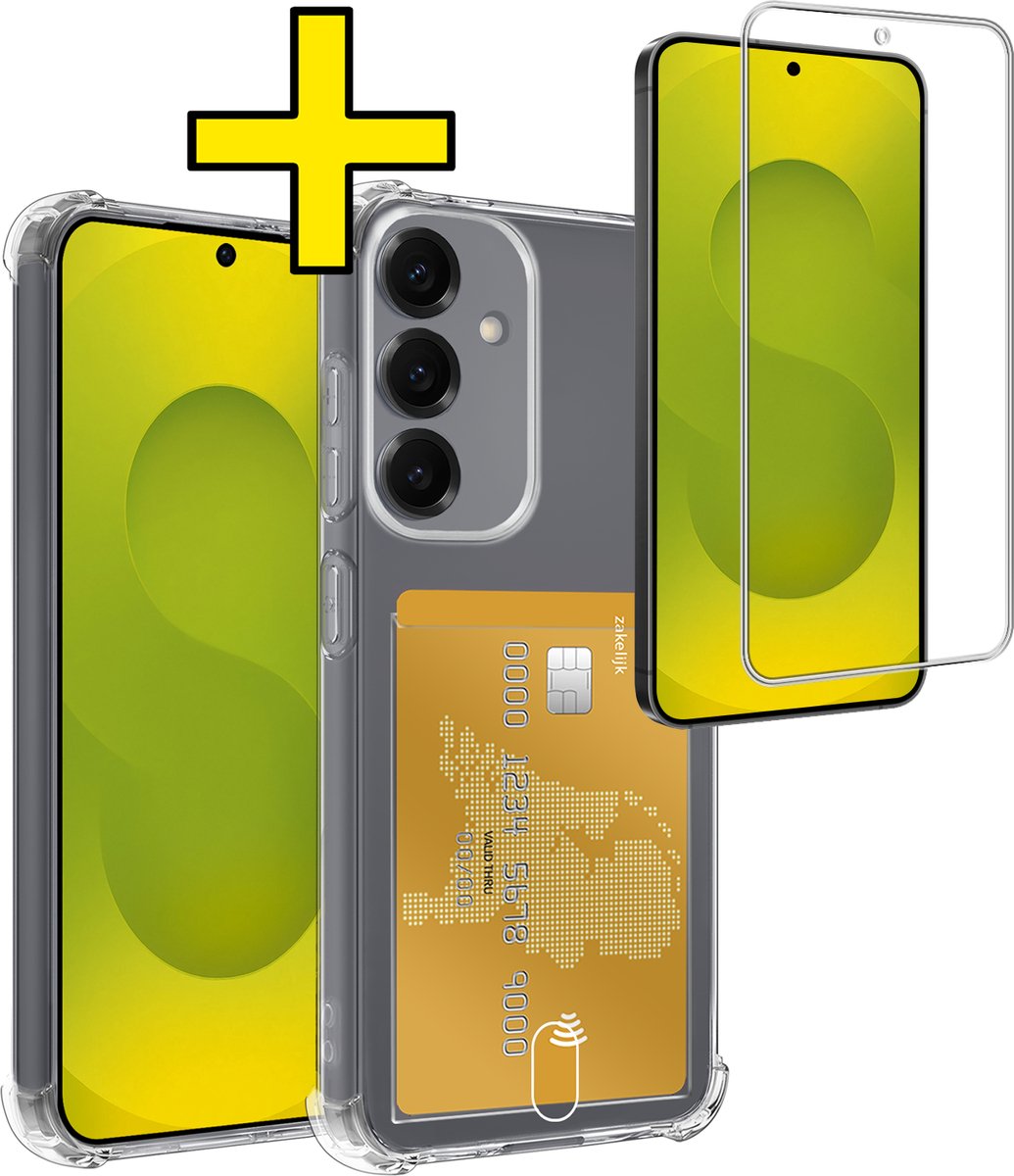 Hoesje - Geschikt voor Samsung Galaxy S25 FE - Met Screenprotector - En Pashouder - En Kaarthouder - Telefoon Hoes Shockproof - Siliconen Case - Back Cover - Shock Proof - Pasjes Houder - Telefoonhoesjes - Transparant