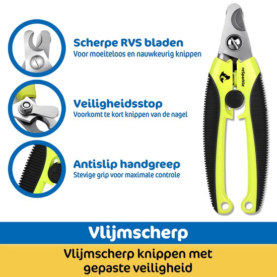 Gele nagelknipper met zwarte handgrepen, rvs bladen, veiligheidsstop, antislip handgreep. Tekst: Vlijmscherp, knippen met gepaste veiligheid.