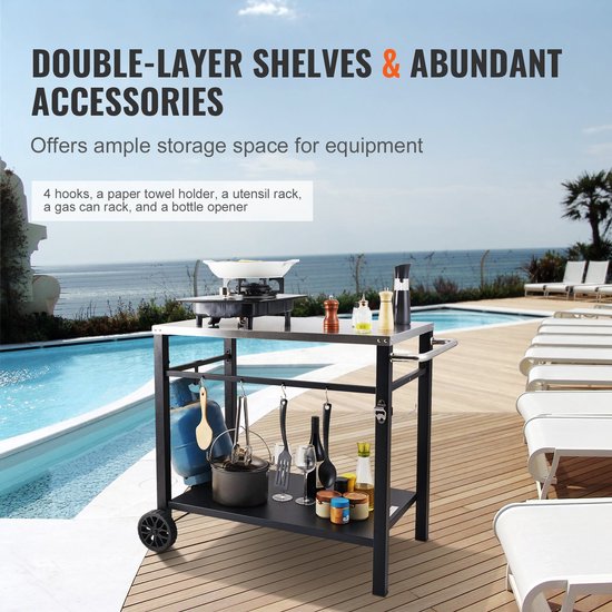 BBQ Werktafel - Barbecue Tafel - Grilltafel - Buitenkeuken Trolley - Werkbank Buiten - Roestvrijstalen Blad - Dubbele Plank - 85x55 cm - Verrijdbaar Met 2 Wielen van Livin'outdoor — afbeelding 4
