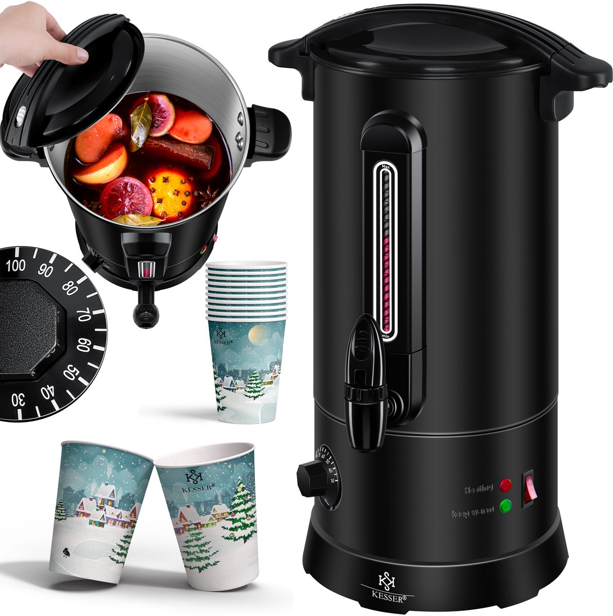 KESSER® Gluhweinketel 10 Liter - Elektrische Ketel voor Gluhwein - Glühweinketel Roestvrij Staal Incl. 10x Mokken Warm Dranken Dispenser voor Glühwein met Thermostaat Water Koker - Zwart