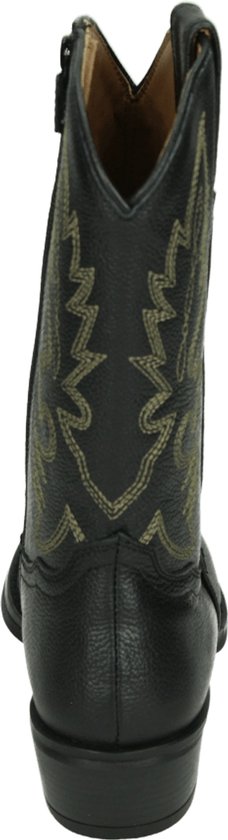 Zwarte laars met gouden sierstiksels en ritssluiting aan de zijkant.