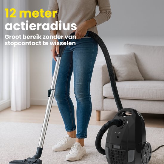 RYER - Stofzuiger met Zak - Krachtig 850W - Stil - 12m Actieradius - HEPA - Drie Mondstukken - Vacuum Cleaner - MotionPro Serie