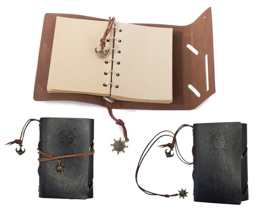 Foto: Goodz4all vintage lederen notitieboek met windroos 15x10cm zwart journal schetsboek notebook cadeau idee blanco papier travel journal reis dagboek retro