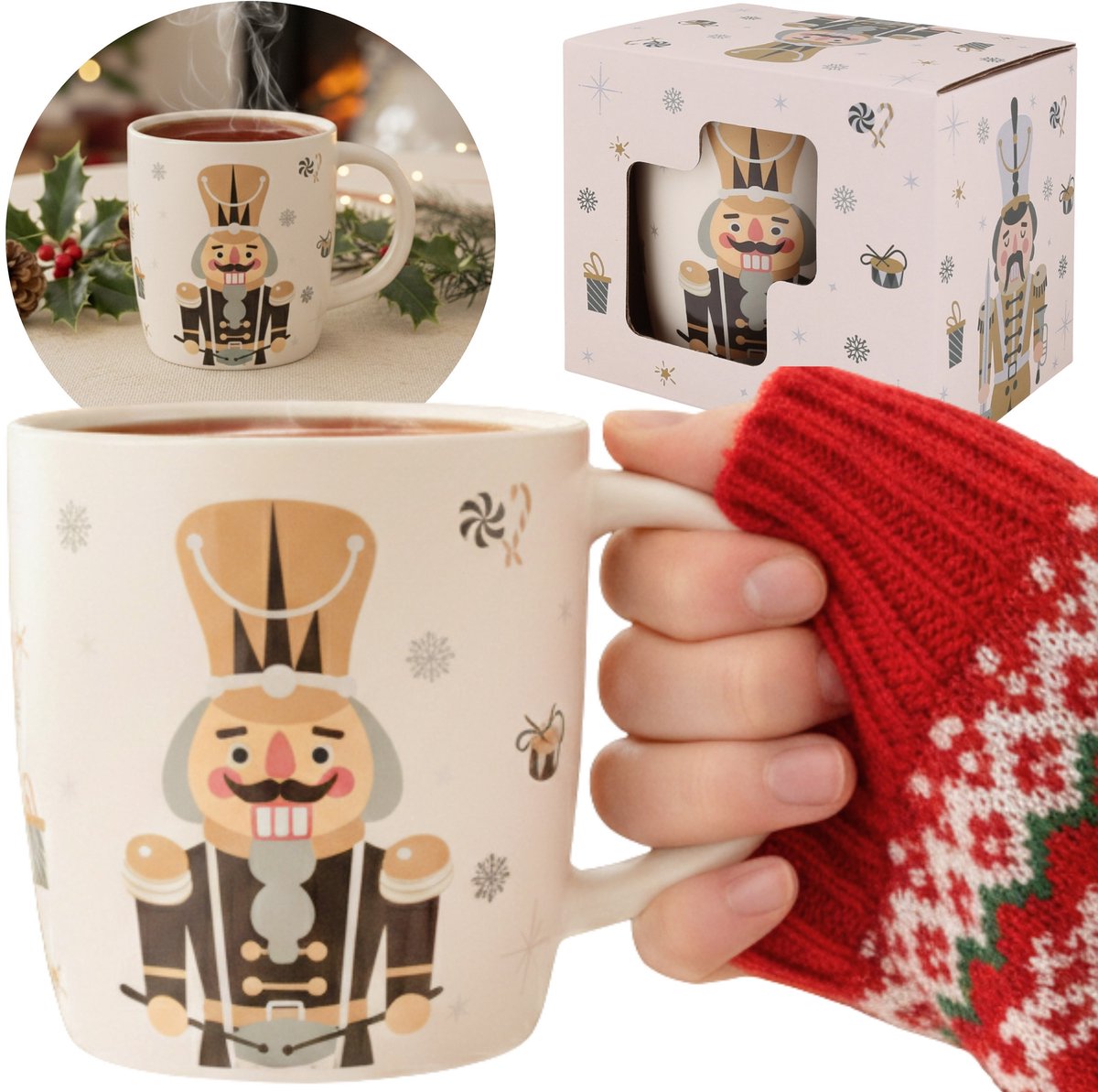 Crèmekleurig, KERSTMOK porselein, kerstmotief - notenkraker - VERPAKT IN EEN CADEAUVERPAKKING 365 ml